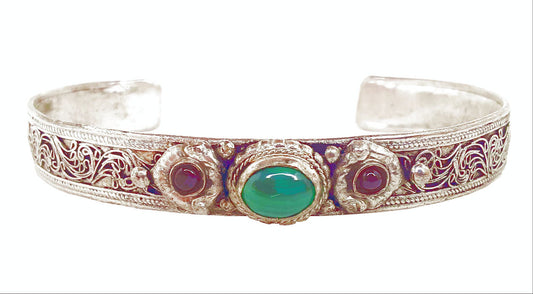 Malachite and Garnet White Metal Bracelet