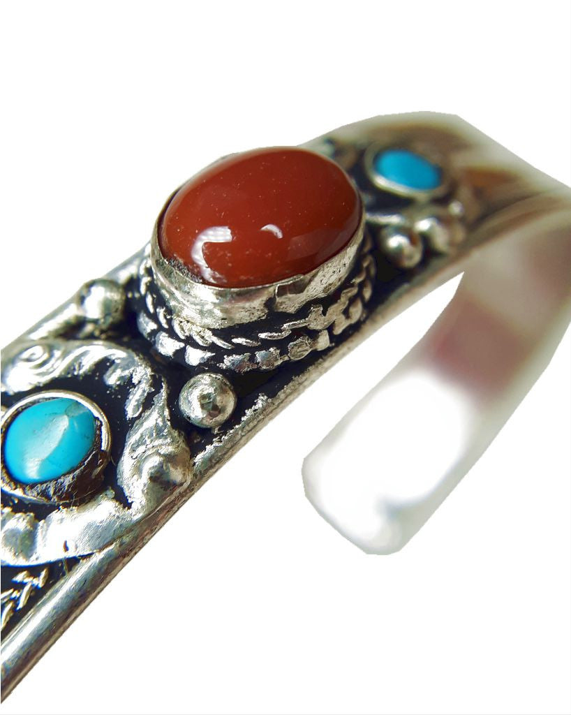 Carnelian and Turquoise White Metal Bracelet