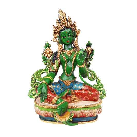 Green Tara Statue Painted Gold Plated 5.5"